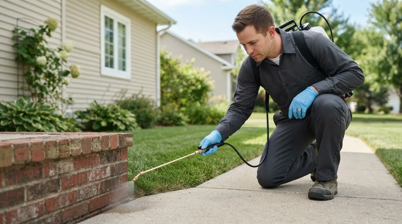 Pest control technician treating a home near Gettysburg, OH